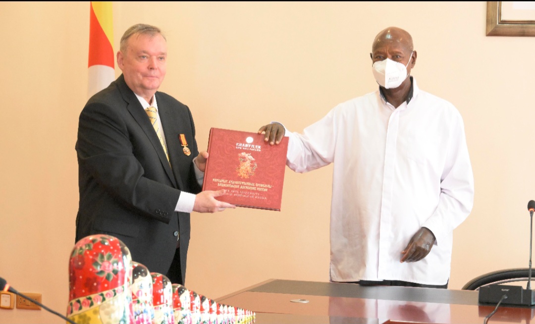 President Museveni bids farewell to outgoing Russian Ambassador Vladlen Semivolos